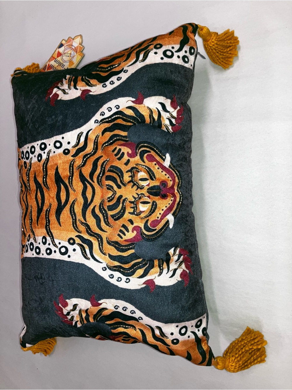 NWT Global Fusion World Traveler Tibetan Tiger Velvet Tassel Lumbar Pillow